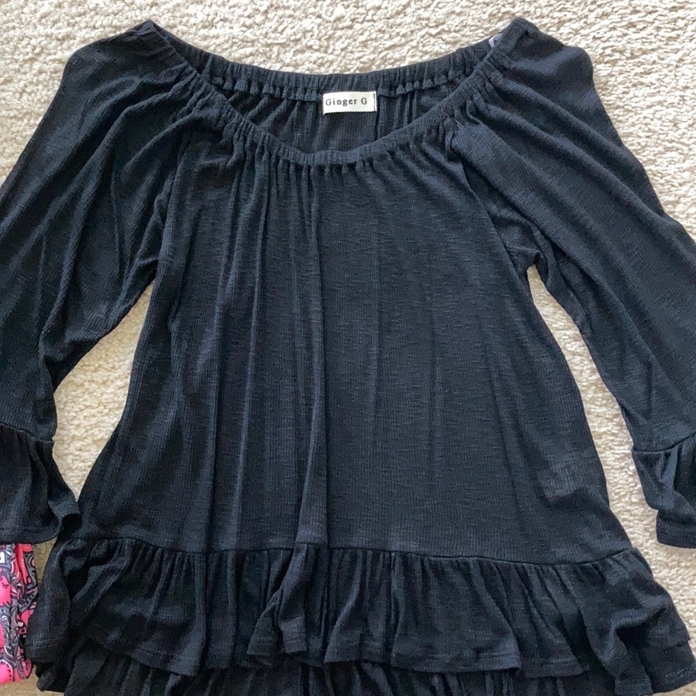 Black Off the Shoulder Ruffle Sleeve Top - Picture 6 of 8